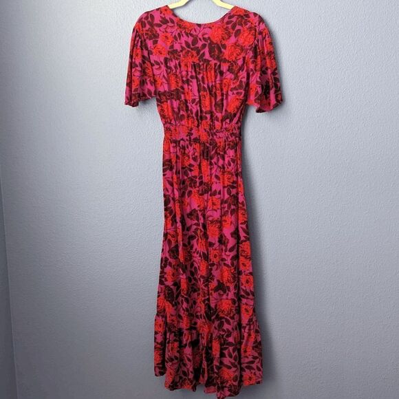 Abel the Label Dress Hi/Low Smocked Flutter Sleeve Red Pink Black Floral XSmall - Picture 7 of 11